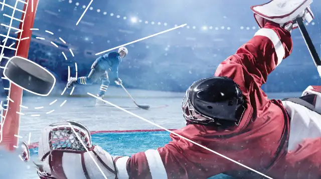 Stock photo of hockey player scoring goal with illustrations laid over