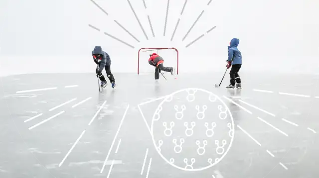 Stock photo of two children playing hockey with illustrations laid over